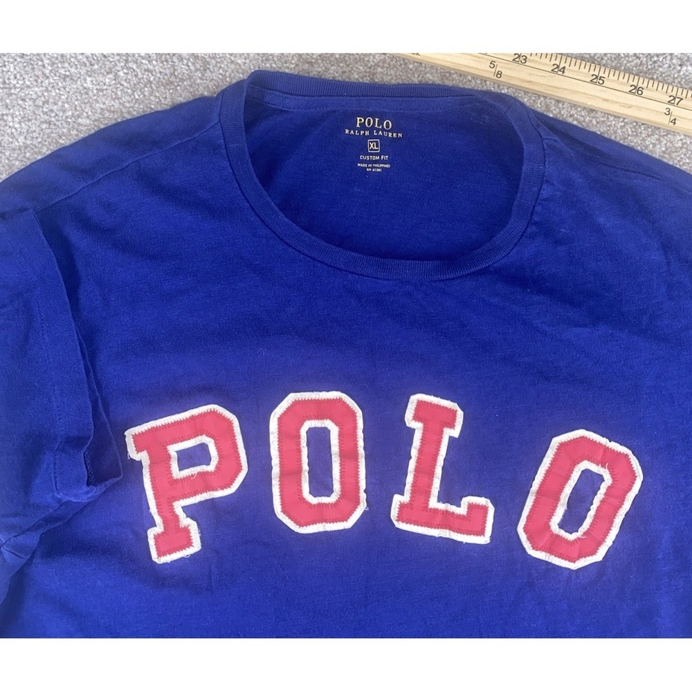 Polo Ralph‎ Lauren Mens XL T-Shirt Solid Blue Embroidered Red Polo Spell Out